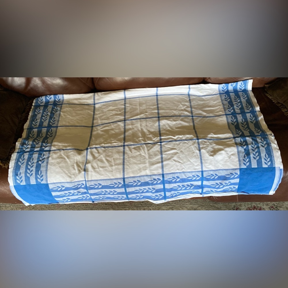 Vintage Tablecloth Measuring Approximately 49 x 56” Blue Design on White